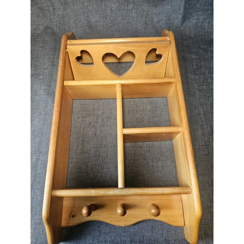 Vtg Wood Wall Shelf Curio Shadow Box Heart Dividers Display Country Cottage Core